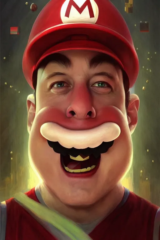 Image similar to elon musk as mario from the super mario bros, realistic portrait, symmetrical, highly detailed, digital painting, artstation, concept art, smooth, sharp focus, illustration, cinematic lighting, art by artgerm and greg rutkowski and alphonse mucha