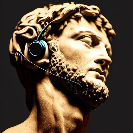 Image similar to a photo of michelangelo's sculpture of david wearing headphones, hyper realistic, ambient lighting, concept art, intricate, hyper detailed, smooth, dynamic volumetric lighting, octane, cinematic, high quality, high resolution, 4 k