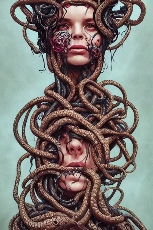 Image similar to Beautiful medusa woman sitting covered in snakes,full character, melting ,8k,by tristan eaton,Stanley Artgermm,Tom Bagshaw,Greg Rutkowski,Carne Griffiths, Ayami Kojima, Beksinski, Giger,trending on DeviantArt,face enhance,hyper detailed,minimalist,horror, android, full of colour