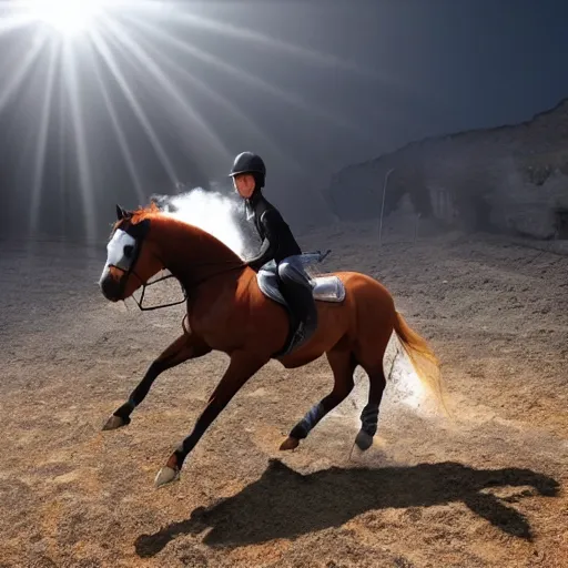 Image similar to horse jumping in heavy pyroclastic flow with dense fog and sun rays. wide angle lens. 4 k