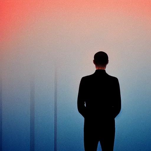 Image similar to symmetrical blue and red, mysterious man looking at a distant machine in fog