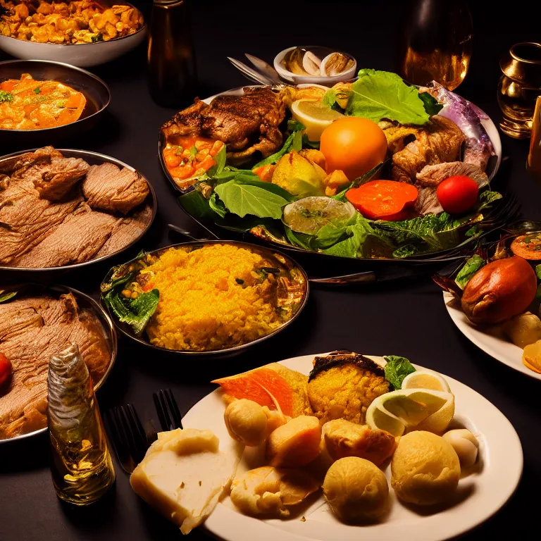 Prompt: close - up focused dslr photograph of an cote d'ivoire dinner, 8 k, high detail, volumetric lighting, hyperrealism, aesthetically pleasing, studio lighting, trending