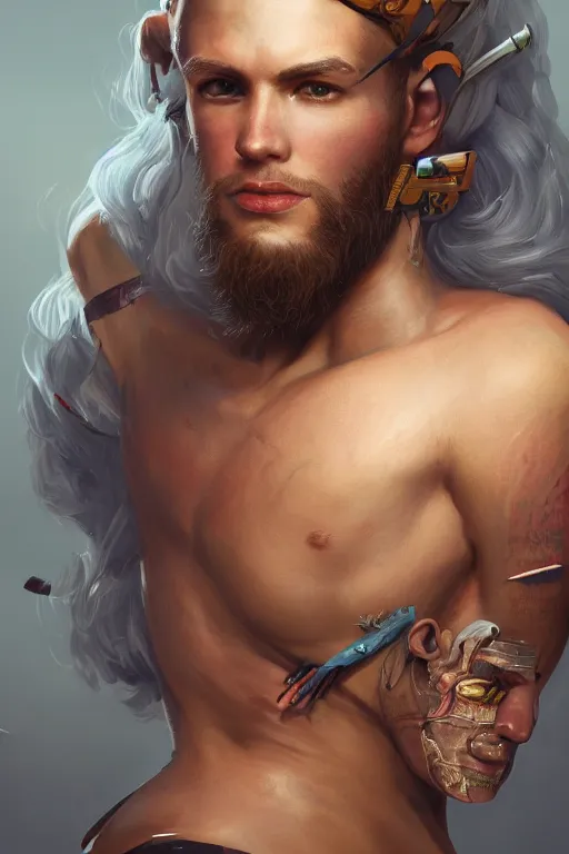Prompt: portrait of beautiful young man, warhammer, a lot of scars, readhead, the future ages, highly detailed, artstation, illustration, art by tristan eaton, 8 k quality