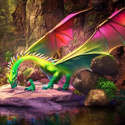 Prompt: highly detailed photograph of a dragon in a colorful hotspring with forest backdrop, featured on artstation