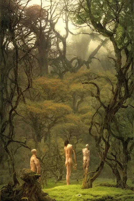 Prompt: the warrior god zeus walks in dark gardens beside a small pond, misty, stately home visible in distance through trees, greg staples, jack kirby, boris vallejo, ruan jia, lawrence alma tadema, zdzislaw beksinski, carl spitzweg, everett raymond kinstler, norman rockwell