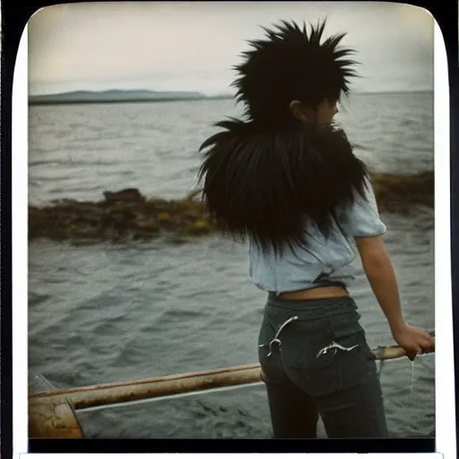 Prompt: black - haired girl with wild spiky black saiyan hair with long bangs over her eyes, hair bangs down to nose, muscular. wearing casual clothing, standing on an alaskan fishing vessel, mekoryuk, alaska, 1 9 6 5, polaroid, kodachrome, grainy photograph