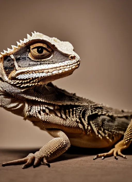 Image similar to dslr portrait still of a bearded dragon wearing a top hat and bow time, 8 k 8 5 mm f 1. 4