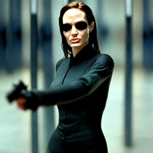 Prompt: close - up of angelina jolie as agent smith in the matrix, movie still frame, promotional image, imax 7 0 mm footage