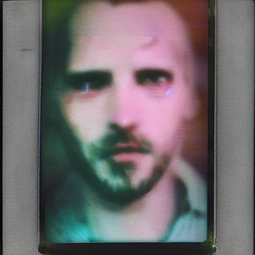 Prompt: glitchpunk damaged polaroid photo of a blurry man in a dark dystopian future