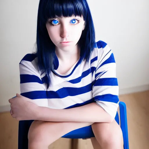 Image similar to (anime girl), steel blue symmetric eyes ,sitting on simple IKEA chair, 24yo, studio, 35mm, annie leibowit