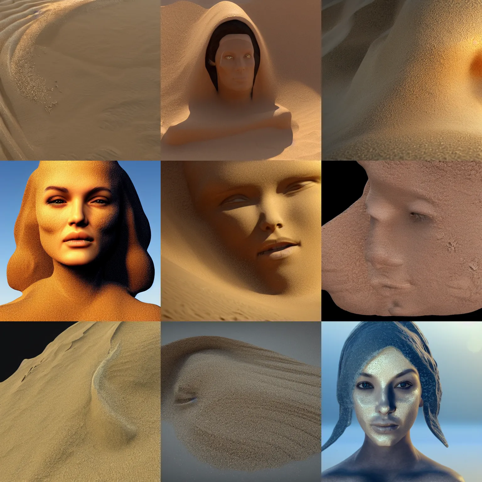 Prompt: huge sand wave of Sand particles forming a female face shape effect particle dynamics render art unreal engine as in the mummy