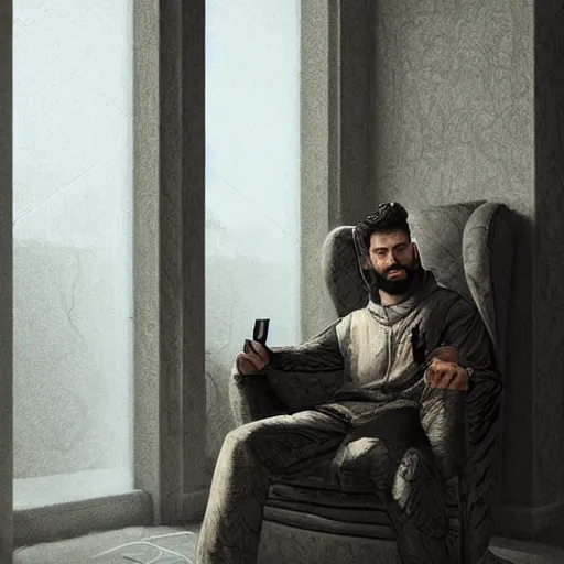 Image similar to Young middle-eastern Almighty God, wearing tracksuit sitting in armchair in poor european apartment. Perfect composition. Very very beautiful digital art in style of Greg Rutkowski, intricate stunning texture and details, fine detailed face. Trending on artstation. Dramatic lighting