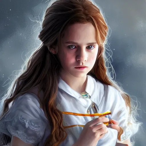 Prompt: Hermione Granger as a young girl in house maid clothes art drawn in art style of WLOP full HD 4K highest quality realistic beautiful gorgeous natural WLOP artist painting