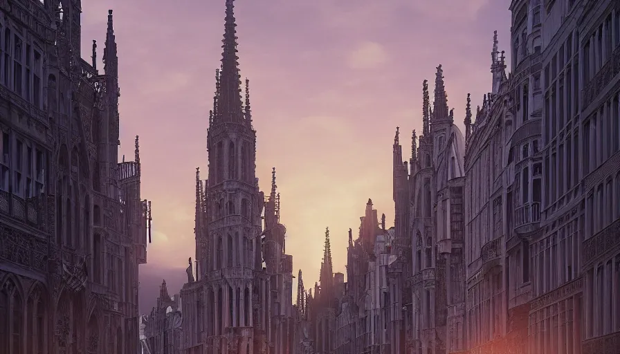 Image similar to neo - gothic brussels, view from the streets, sunset, light between buildings, empty streets, hyperdetailed, artstation, cgsociety, 8 k