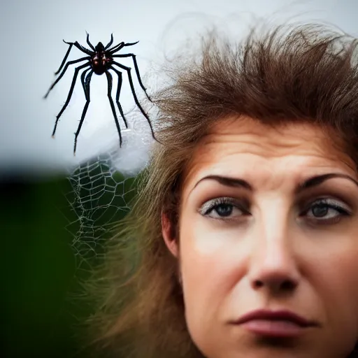 Prompt: a woman's hair infested with spider's, portrait photography