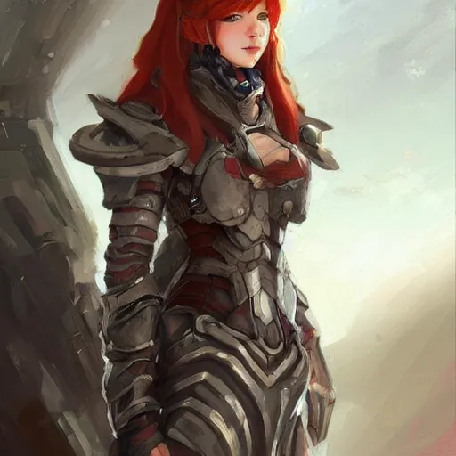 Prompt: a rustic woman wearing futuristic armor, detailed face, redhead, by krenz cushart