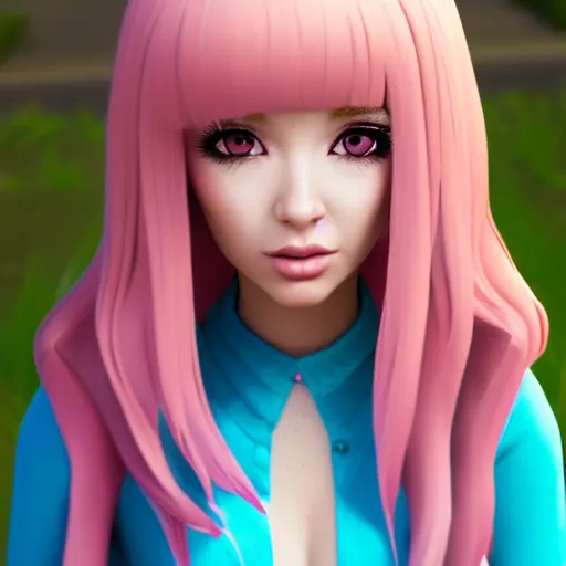 Prompt: A portrait of Nikki from Shining Nikki, a cute 3d cgi toon young woman with long pink hair, full bangs, hazel amber eyes, full face, light makeup, pale skin, Chinese, medium shot, mid-shot, soft focus, 4k, trending on artstation, as a Fortnite character