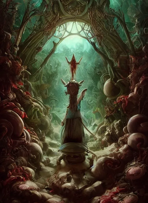 Prompt: alice in wonderland, viking god, alien, highly detailed, cinematic, 8 k, by megan duncanson, benjamin lacombe, adrian borda, stanley artgermm, tom bagshaw, craig mullins, carne griffiths, ayami kojima, beksinski, giger, trending on deviantart, hyper detailed, horror, full of colour