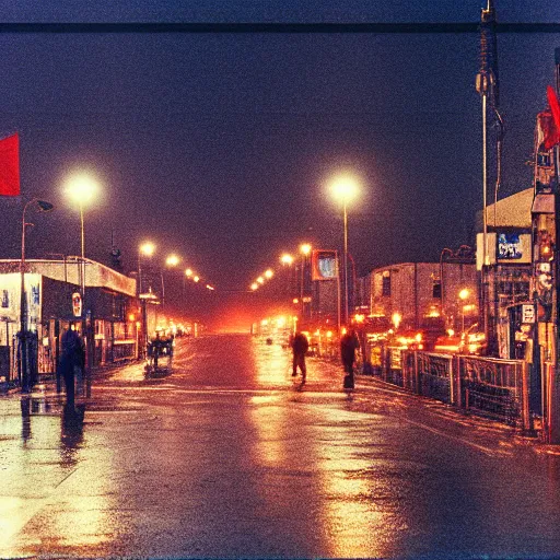 Image similar to 1990s movie , orbit space soviet city Norilsk street with many pedestrians as a loading screen , Cinestill 800t 18mm, heavy grainy picture, very detailed, high quality, 4k panoramic, dramatic lightning, streetlight at night, rain, mud, foggy, soviet flags