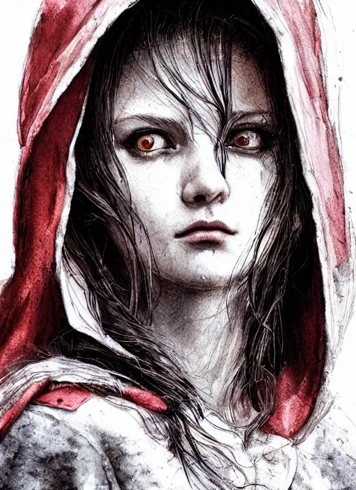 Image similar to portrait, wicked and beautiful little red riding hood, watercolor, dramatic lighting, cinematic, establishing shot, extremly high detail, foto realistic, cinematic lighting, pen and ink, intricate line drawings, by Yoshitaka Amano, Ruan Jia, Kentaro Miura, Artgerm, post processed, concept art, artstation, matte painting, style by eddie mendoza, raphael lacoste, alex ross