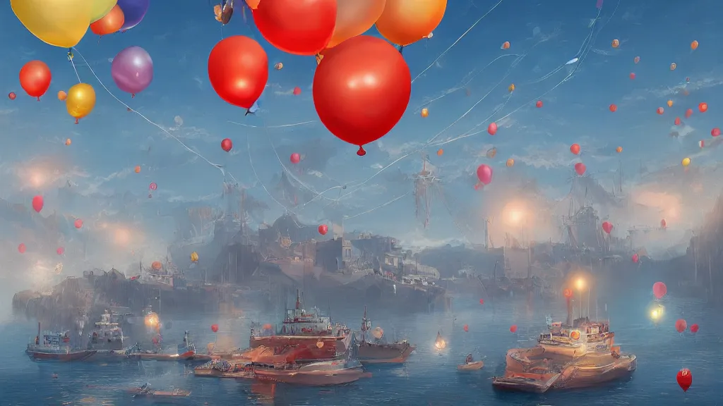 Image similar to a lot of birthday balloons floating above a beautiful maritime port. digital art. artstation cgsociety masterpiece