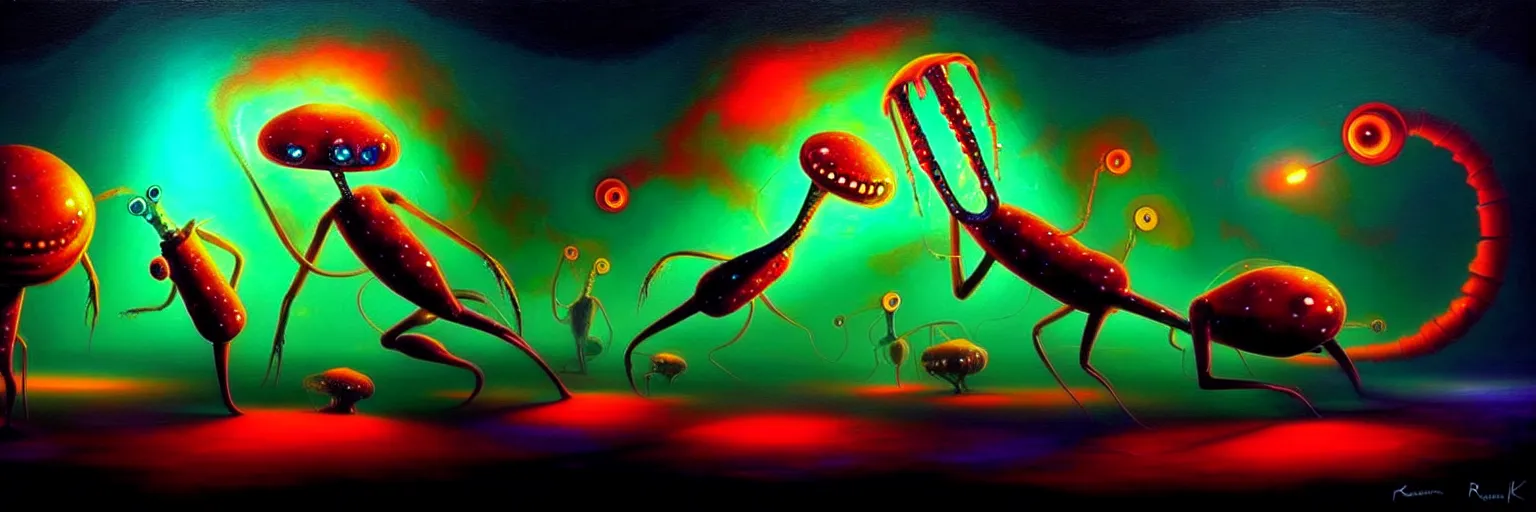 Image similar to strange alien plankton creatures from the depths of the collective unconscious, dramatic lighting, surreal darkly colorful painting by ronny khalil