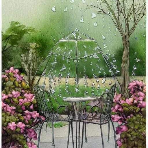 Prompt: delicate rain, symmetric, chairs, garden, paved, botanic watercolors, iridescent, 8 k, realistic shaded, fine details, artstation, italian, iron gate, tree, mediterranean