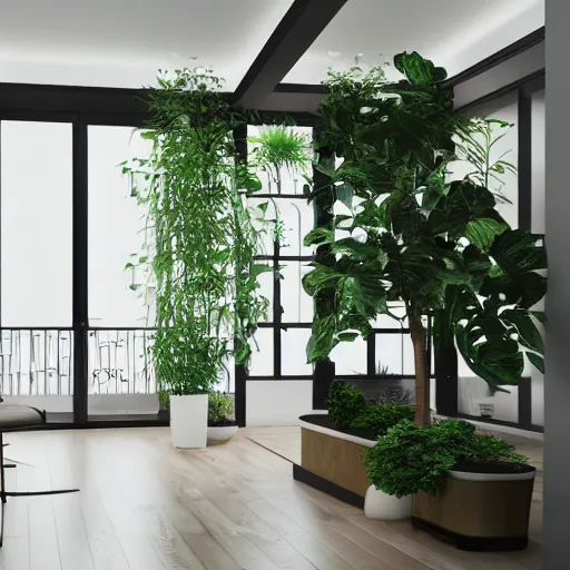 Image similar to a modern indoor room, clean architecture, some plants, peaceful, 8K octane render