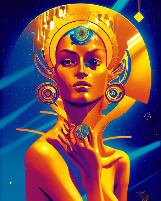 Prompt: a portrait of a golden skinned goddess with a lazer shining into the top of her head charkra, pieces expanding from impact gold and blue by moebius +james jean + peter mohrbacher + syd mead + illustrative + visionary art + low angle + oil painting + 3/4 portrait + asymmetry
