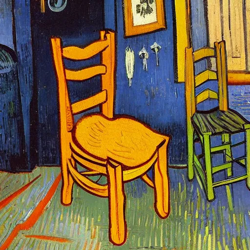 Image similar to Dachshund on a chair, in a bedroom, painted by Vincent Van Gogh