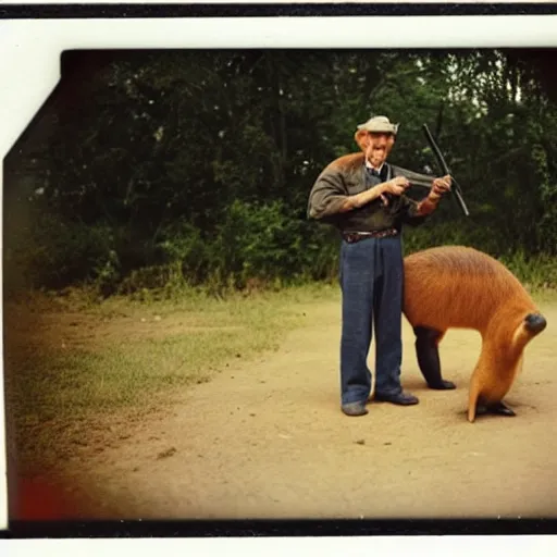 Prompt: old! polaroid photo of an old man! holding a rifle and standing on top of a giant capybara! sleeping