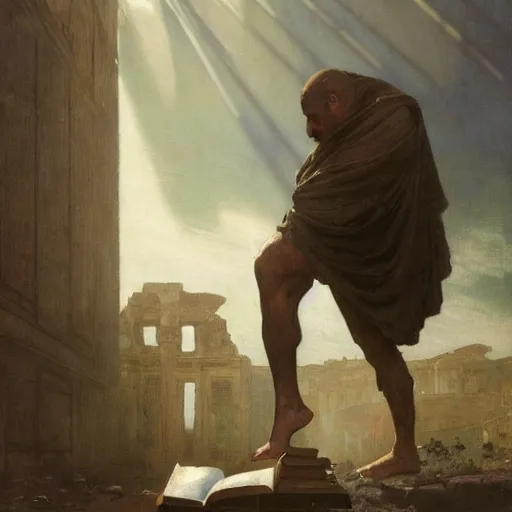 Image similar to half portait of magican wearing a closed cowl and big old book! chained to the wrist, jeremy mann, jean - leon gerome, tiepolo, alphonse mucha, greg rutkowski, face in the shadows, ( ( ruins of ancient rome ) ), at dusk, mysterious atmosphere, sunrays, dof, high detailed, 8 k