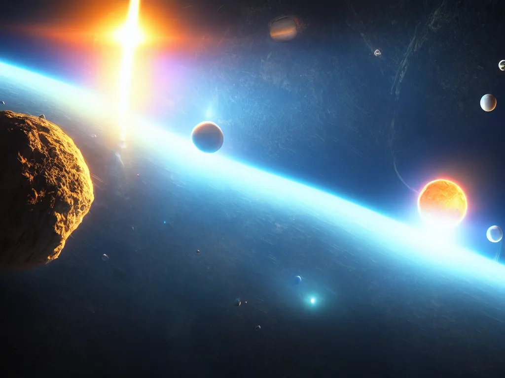Image similar to two planets earth colliding with each other, artstation, volumetric light, high detail, reflections, perfect, concept art, hdr, 4 k