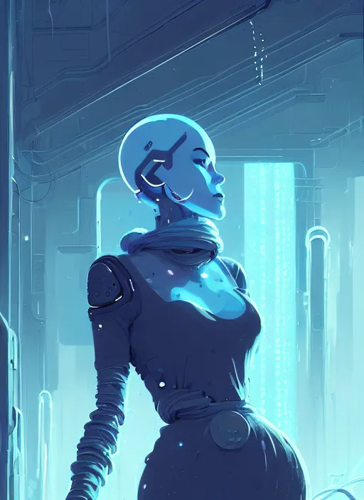 Prompt: highly detailed portrait of stunning android elemental witch lady, stray wiring by atey ghailan, james gilleard, by joe fenton, by greg rutkowski, by greg tocchini, by kaethe butcher, 4 k resolution, gradient blue, cyan, black and white color scheme!!! ( ( snowy glaciated robotic dystopian city background ) )