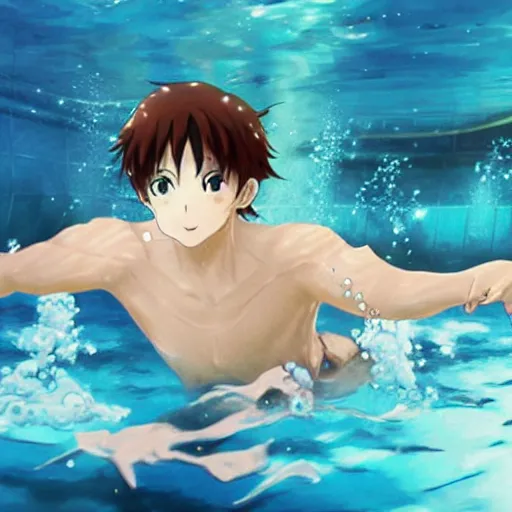 Prompt: anime boy swimming underwater