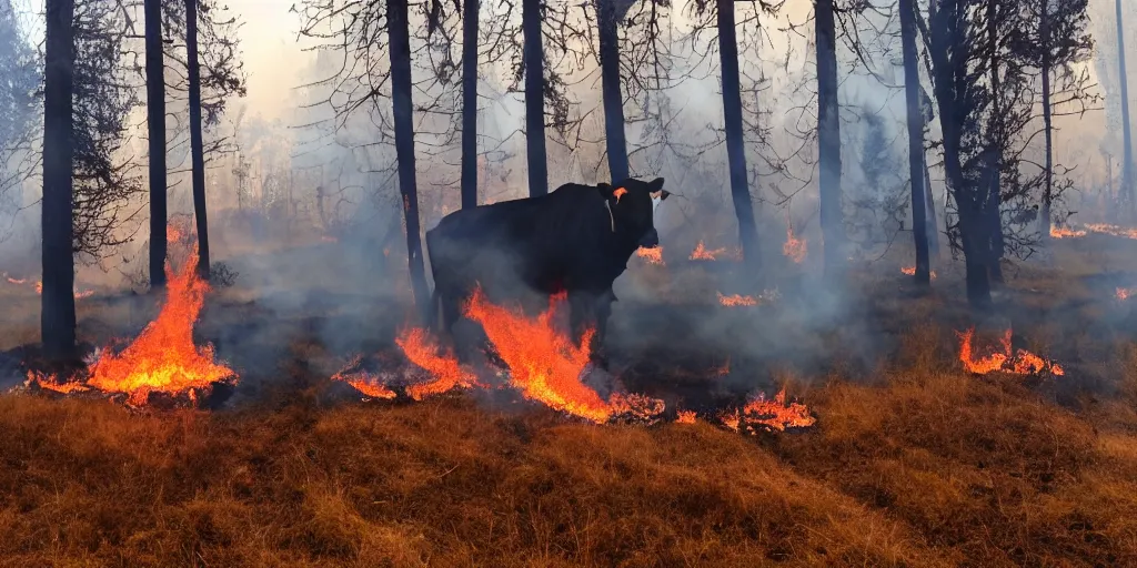 Prompt: a cow in a forest fire