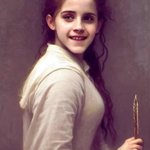 Prompt: Painting of Emma Watson as Hermione Granger. Young. Smiling. Happy. Cheerful. Prisoner of Azkaban. Art by william adolphe bouguereau. Very very very very very very very very very very very very much detailed. Beautiful. 4K. Award winning.