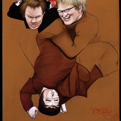 Image similar to conan o'brien and andy richter wrestling, by leonardo davinci