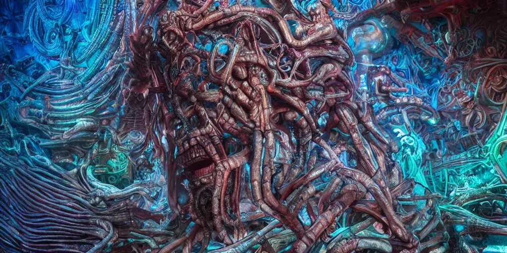 Image similar to dreamscape, giger, vivid colors, colorful, anatomical, highly detailed sculpture, intricate detailed, ommatidia, 8 k, cinematic atmosphere, post - processing