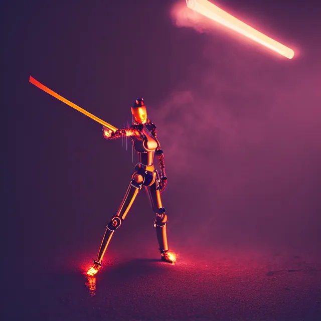 Prompt: robot woman hot fire dance holding katana, detailed pose, shibuya prefecture, cinematic lighting, fog mist smoke, photorealistic, night photography by tomino - sama