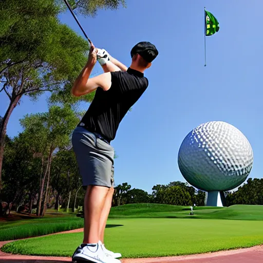 Image similar to a giant playing teeing up a shot in golf using the spaceship earth attraction at epcot in real life, highly detailed, extremely high resolution, ultra realistic