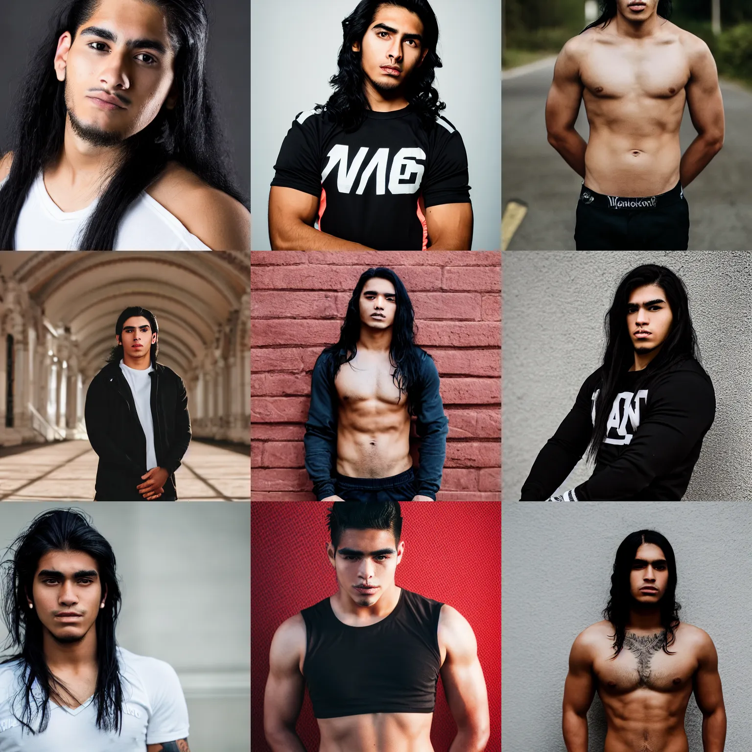 Prompt: a portrait photograph of athletic, commanding, dominant, 2 3 year old mexican american male model, long black hair, portrait, canon 8 5 mm f 1. 2 photograph