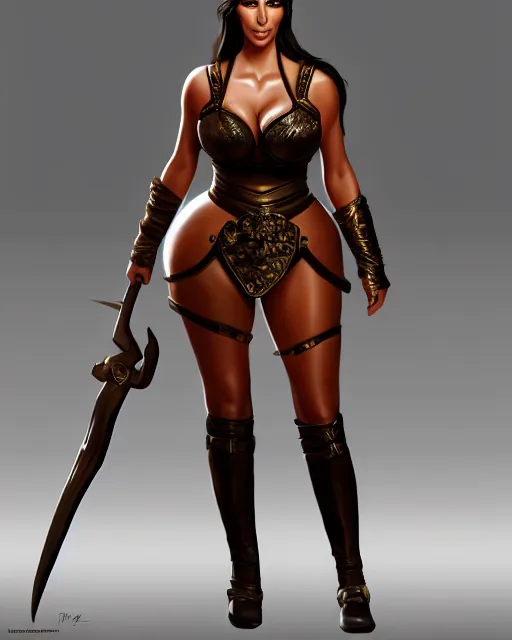 Image similar to kim kardashian as a warrior princess, full body, concept art, rim lighting, stanley lau, sharp focus, trending on artstation