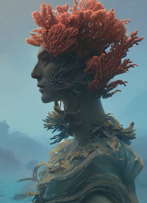 Image similar to Helmet of a forgotten Deity, corals, plume made of seaweed, glowing fish, extremly detailed digital painting, in the style of Fenghua Zhong and Ruan Jia and jeremy lipking and Peter Mohrbacher, mystical colors, rim light, beautiful lighting, 8k, stunning scene, raytracing, octane, trending on artstation