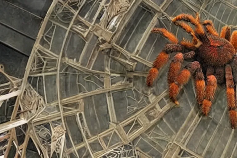 Image similar to film still of a tarantula climbing the eiffel tower in the new godzilla charlotte's web crossover movie