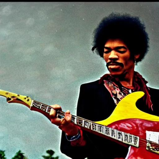 Image similar to jimi hendrix playing a guitar made of a big snake, color photo, cinematic