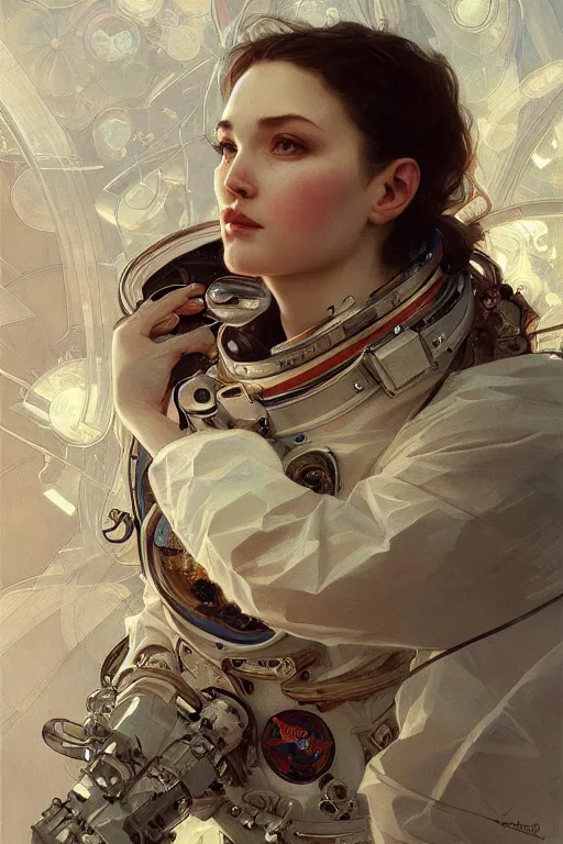 Image similar to A full portrait of a cosmonaut, intricate, elegant, highly detailed, digital painting, artstation, concept art, smooth, sharp focus, illustration, art by Krenz Cushart and Artem Demura and alphonse mucha