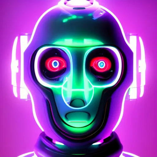 Prompt: a portrait of futuristic robot posed in front of a neon background, digital art in the style of greg rutkowksi trending on artstation