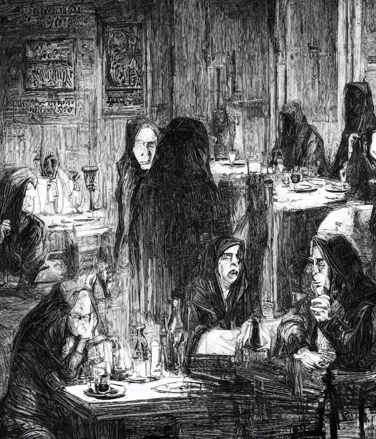 Prompt: scratchy black and white line art illustration of three cloaked figures plotting a heist in a byzantine cafe, by grimshaw, pollock, johan nohr, ultra wide angle, trending on artstation, rule of thirds, 4 k
