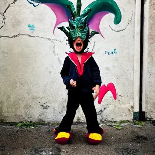 Image similar to The street art features a young boy disguised as a dragon. The boy is shown wearing a costume with dragon-like features, including a long tail, wings, and horns. He has a large grin on his face, suggesting that he is enjoying his disguise. by Scarlett Hooft Graafland robust